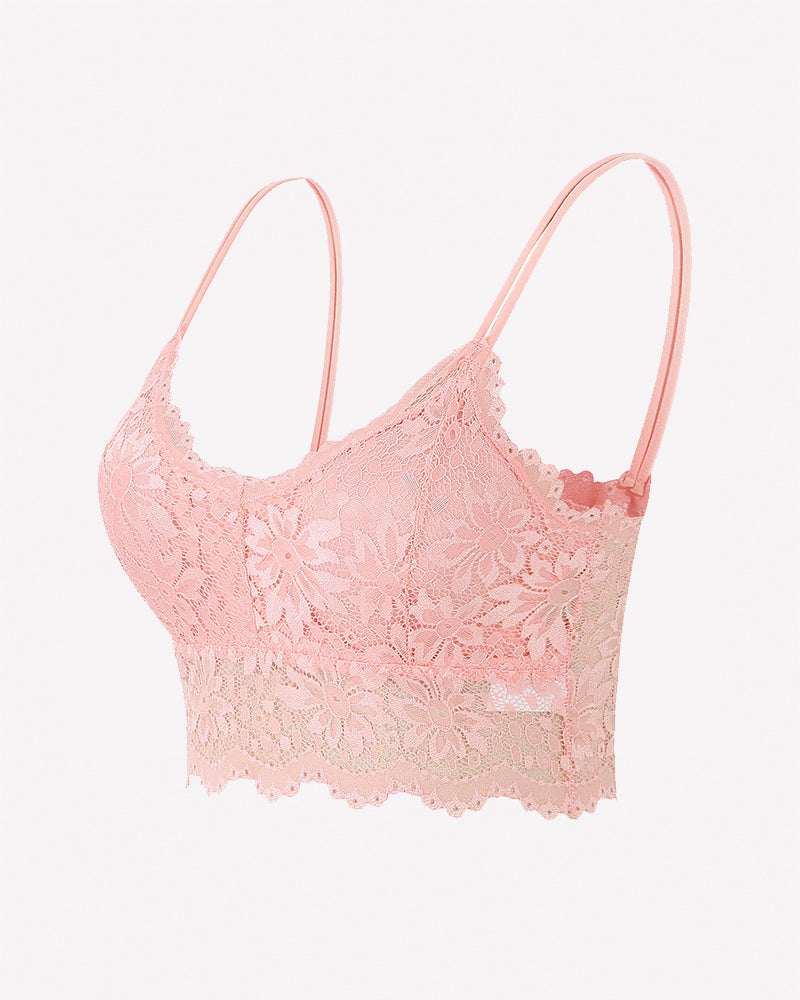 Floral Lace Bralette Crop Top - Wireless Spaghetti Strap Lace Bra