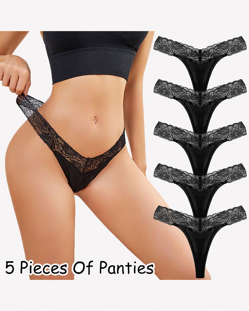 Lace Thong Panties - Low Rise V-Shape Floral Lace Underwear