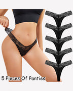 Lace Thong Panties - Low Rise V-Shape Floral Lace Underwear