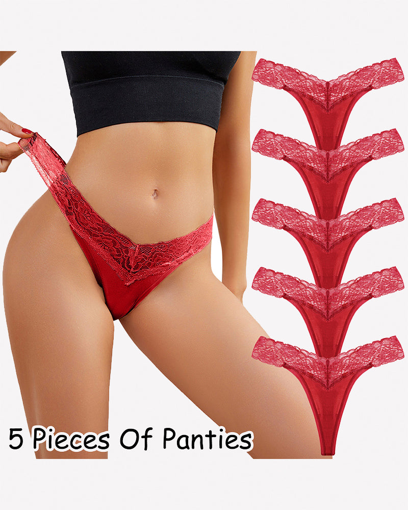 Lace Thong Panties - Low Rise V-Shape Floral Lace Underwear