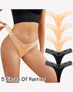 Lace Thong Panties - Low Rise V-Shape Floral Lace Underwear