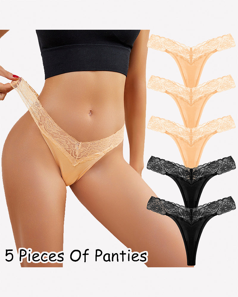 Lace Thong Panties - Low Rise V-Shape Floral Lace Underwear