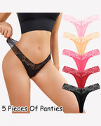 Lace Thong Panties - Low Rise V-Shape Floral Lace Underwear