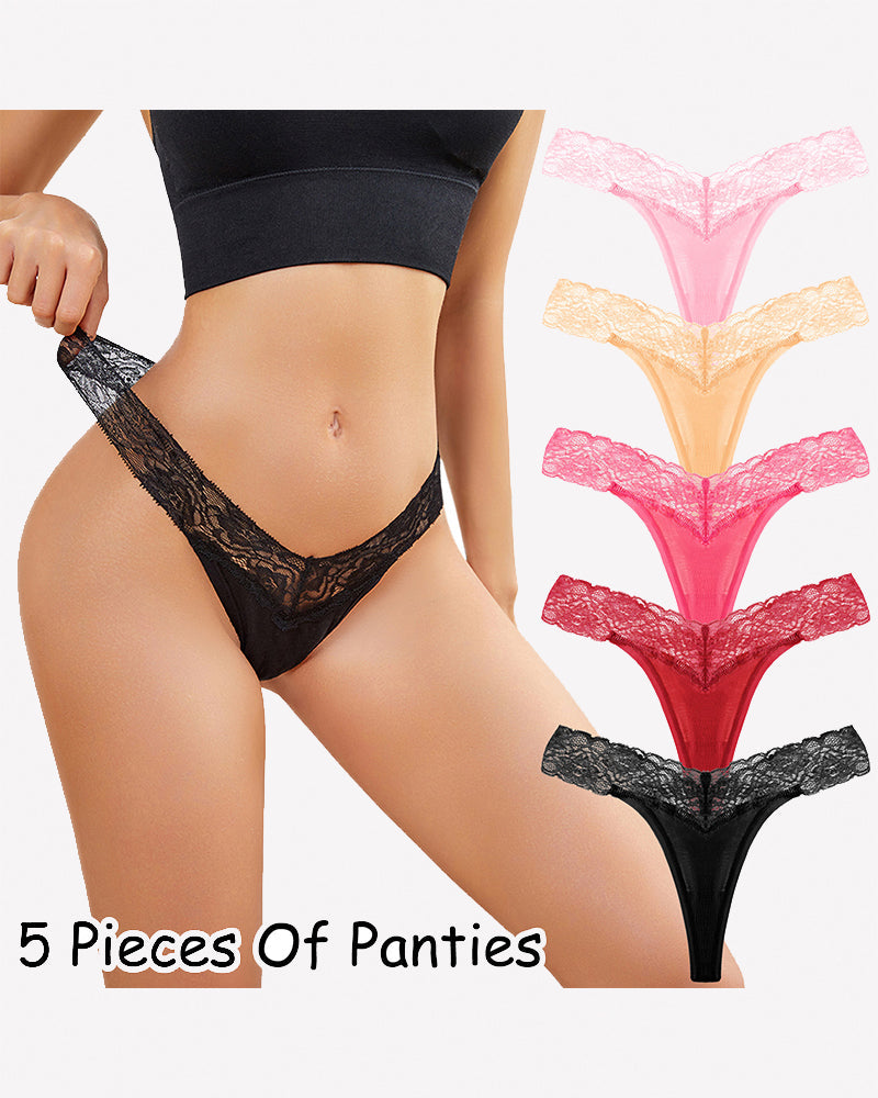Lace Thong Panties - Low Rise V-Shape Floral Lace Underwear