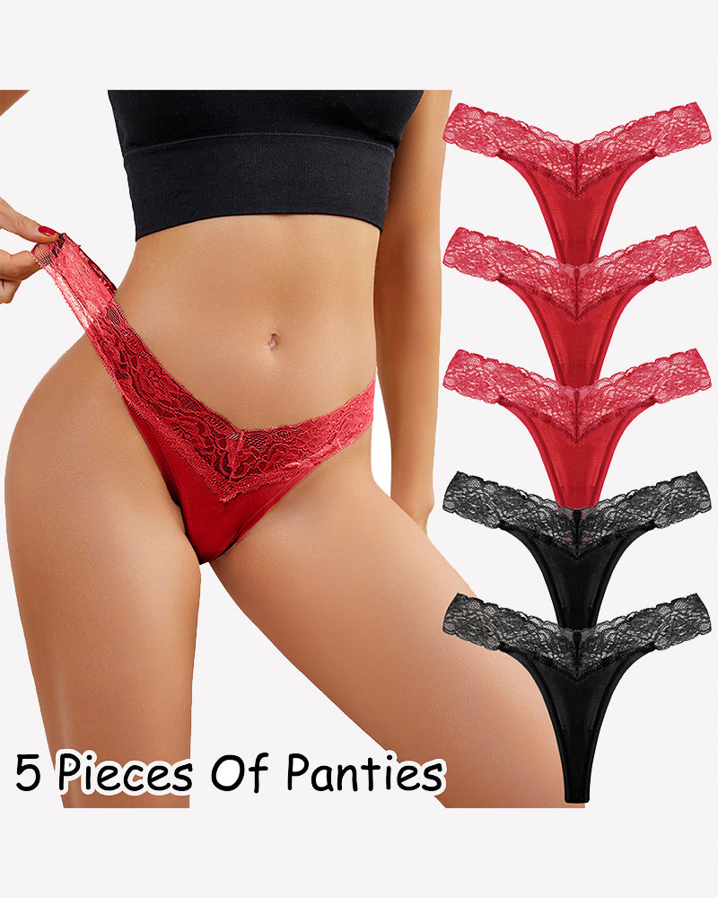 Lace Thong Panties - Low Rise V-Shape Floral Lace Underwear