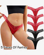 Lace Thong Panties - Low Rise V-Shape Floral Lace Underwear
