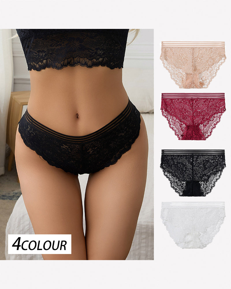 Striped Waist Floral Lace Panties - Sexy Sheer High Stretch Briefs
