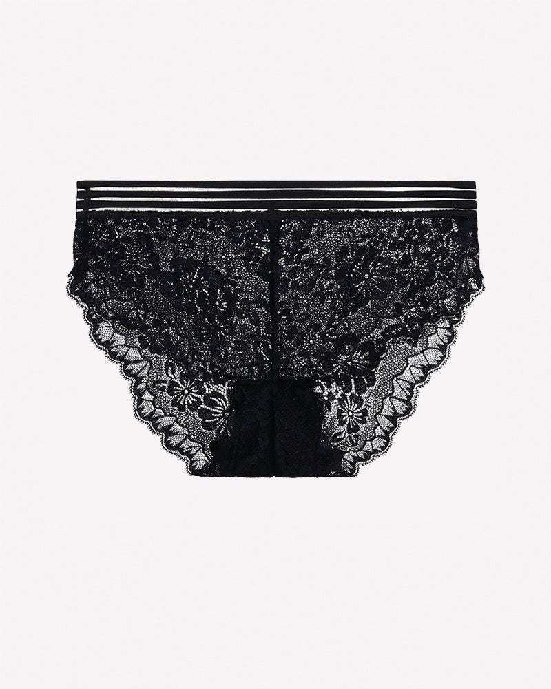 Striped Waist Floral Lace Panties - Sexy Sheer High Stretch Briefs