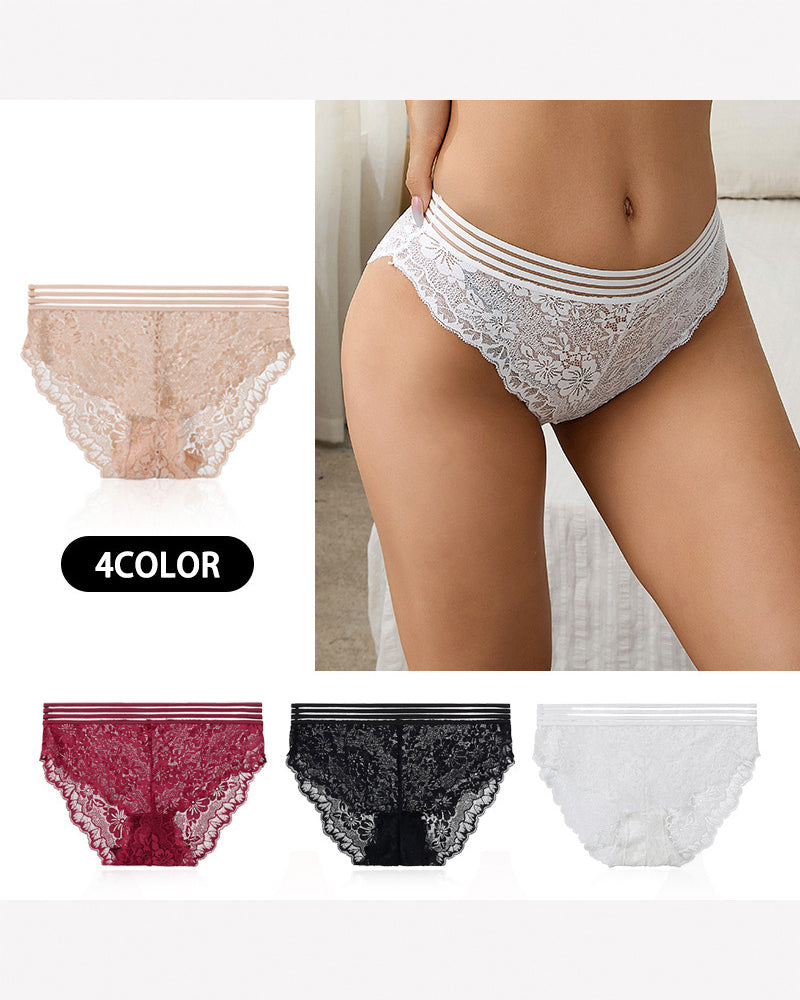 Striped Waist Floral Lace Panties - Sexy Sheer High Stretch Briefs