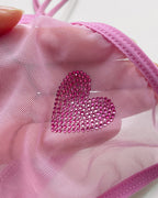 Sheer Mesh Rhinestone Heart Thong - Sexy Multi-Strap Low Rise Panties