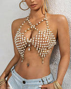 Pearl Chain Halter Top - Sexy Sheer Mesh Pearl Body Jewelry Top