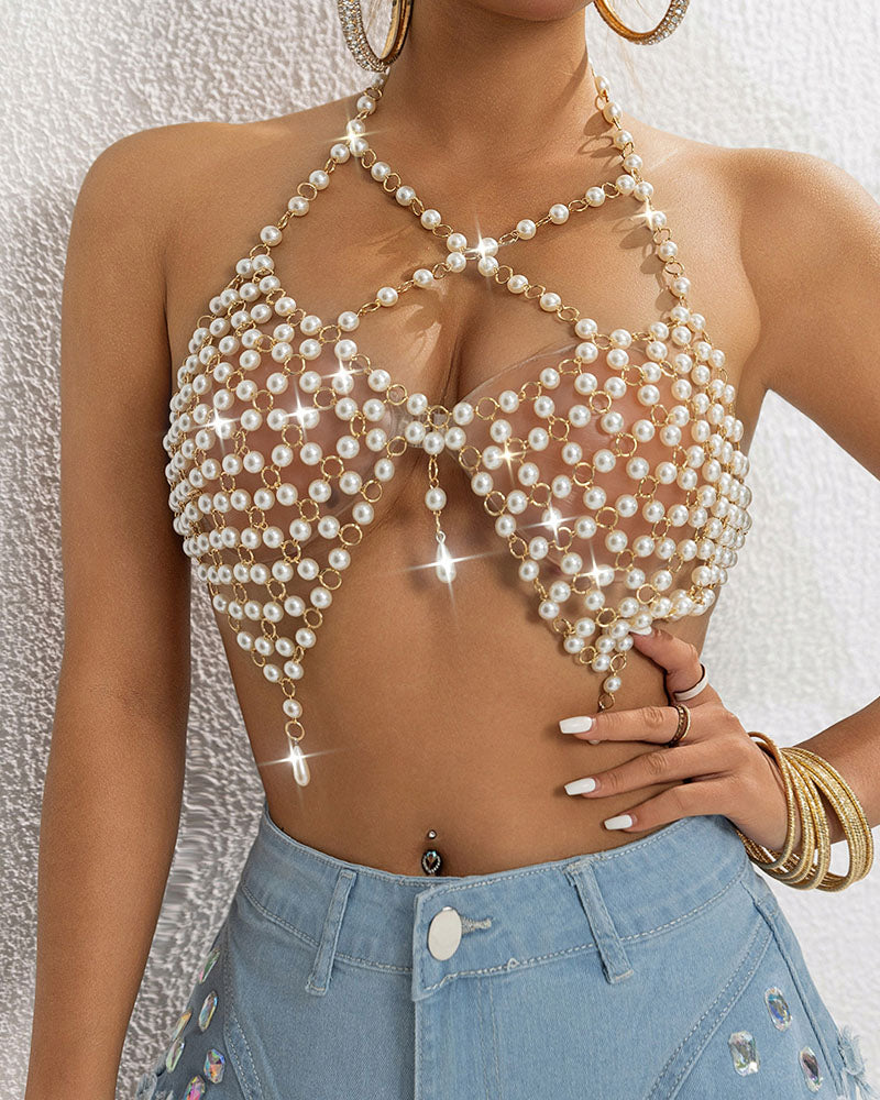 Pearl Chain Halter Top - Sexy Sheer Mesh Pearl Body Jewelry Top