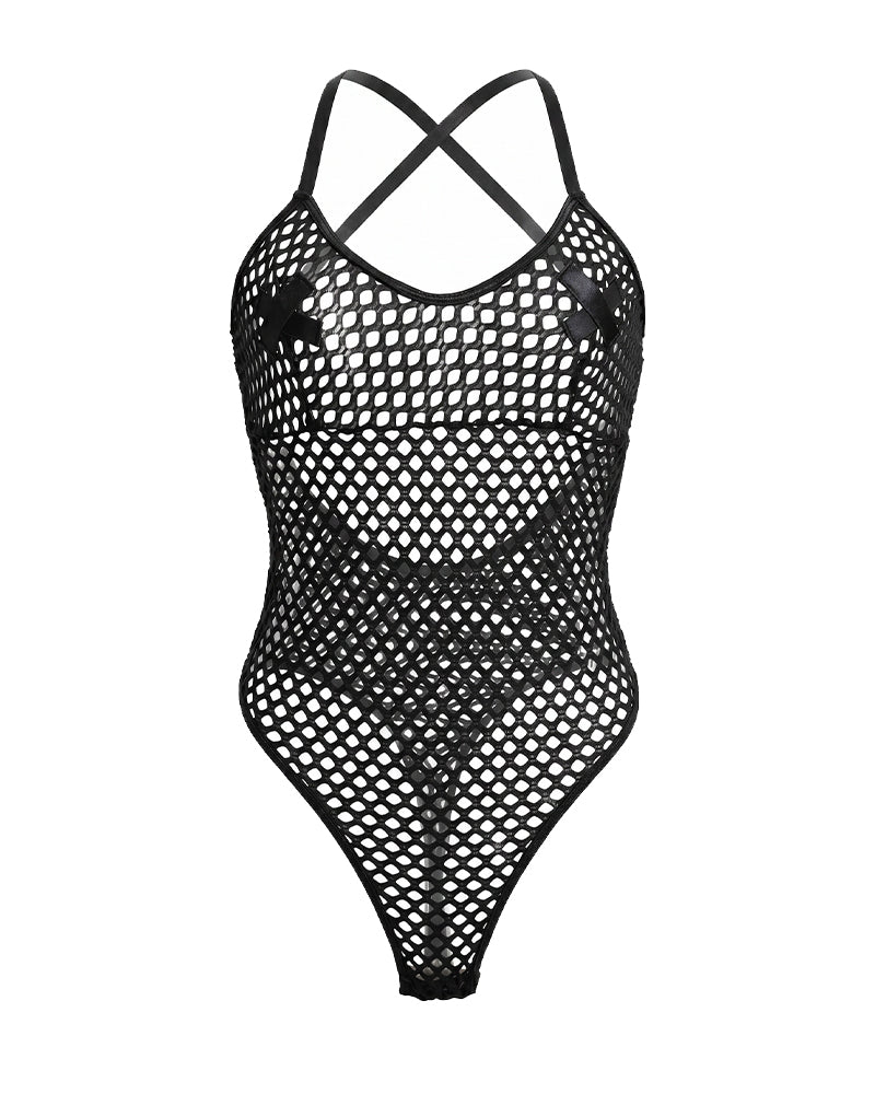 Fishnet Mesh Bodysuit Crisscross Back Teddy Lingerie