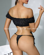 Off-Shoulder Lingerie Set Rhinestone Sheer Crop Top & Tie Side Thong