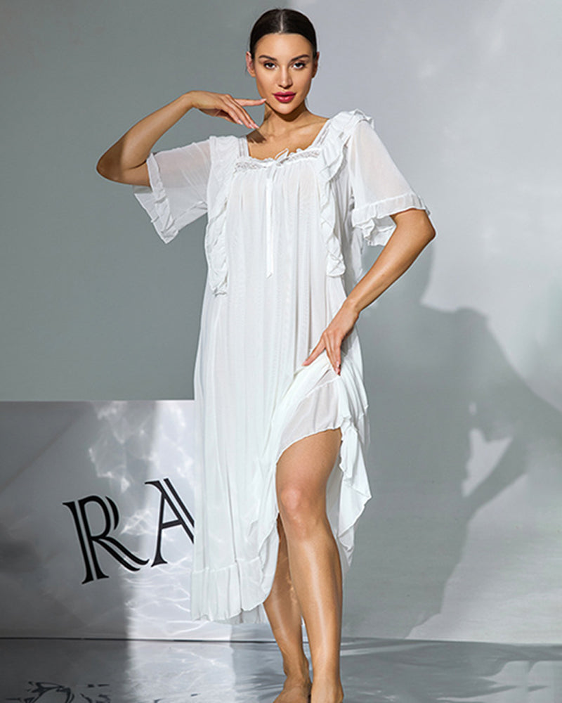 Double Layer Mesh Nightgown - Elegant Ruffle Lace Sleep Dress
