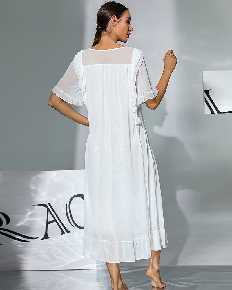 Double Layer Mesh Nightgown - Elegant Ruffle Lace Sleep Dress
