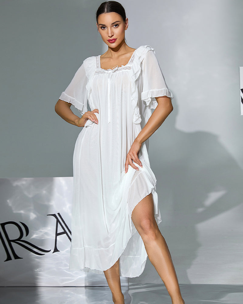 Double Layer Mesh Nightgown - Elegant Ruffle Lace Sleep Dress