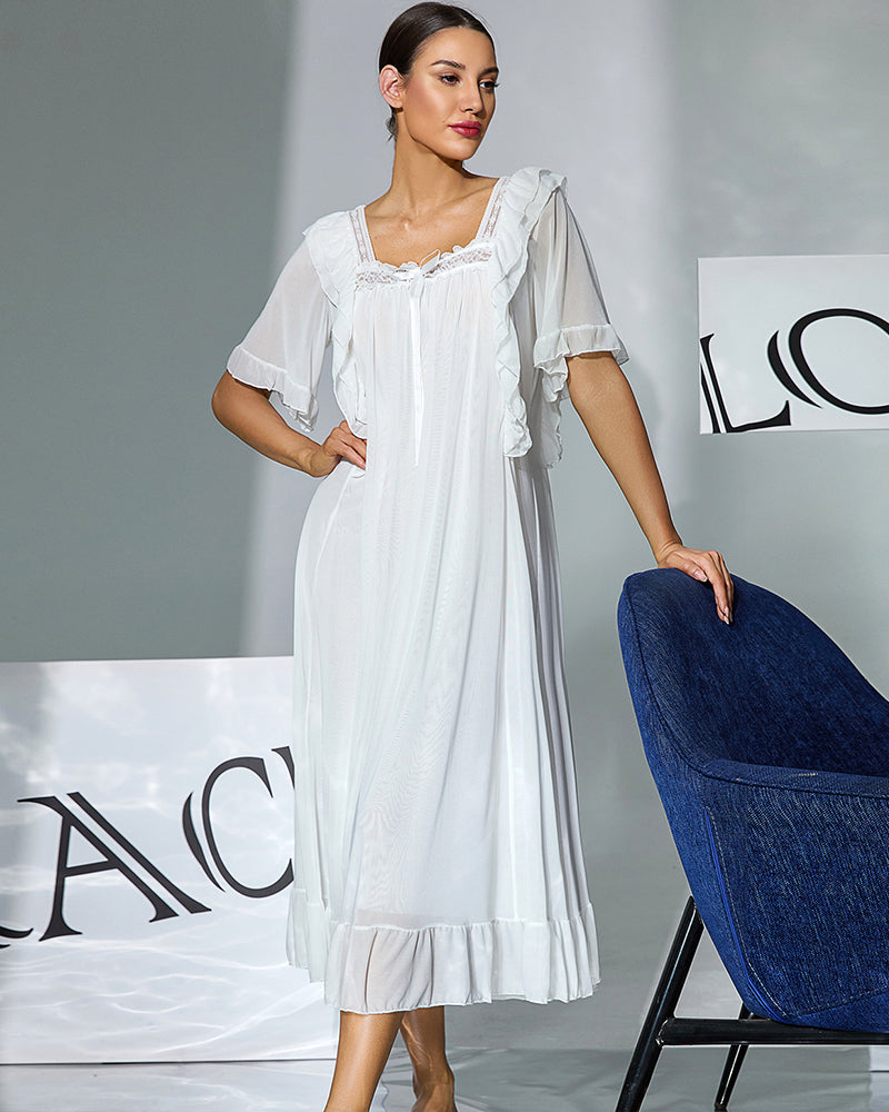 Double Layer Mesh Nightgown - Elegant Ruffle Lace Sleep Dress