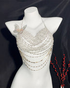 Pearl Butterfly Halter Top - Multi-Layer Pearl Body Jewelry Top