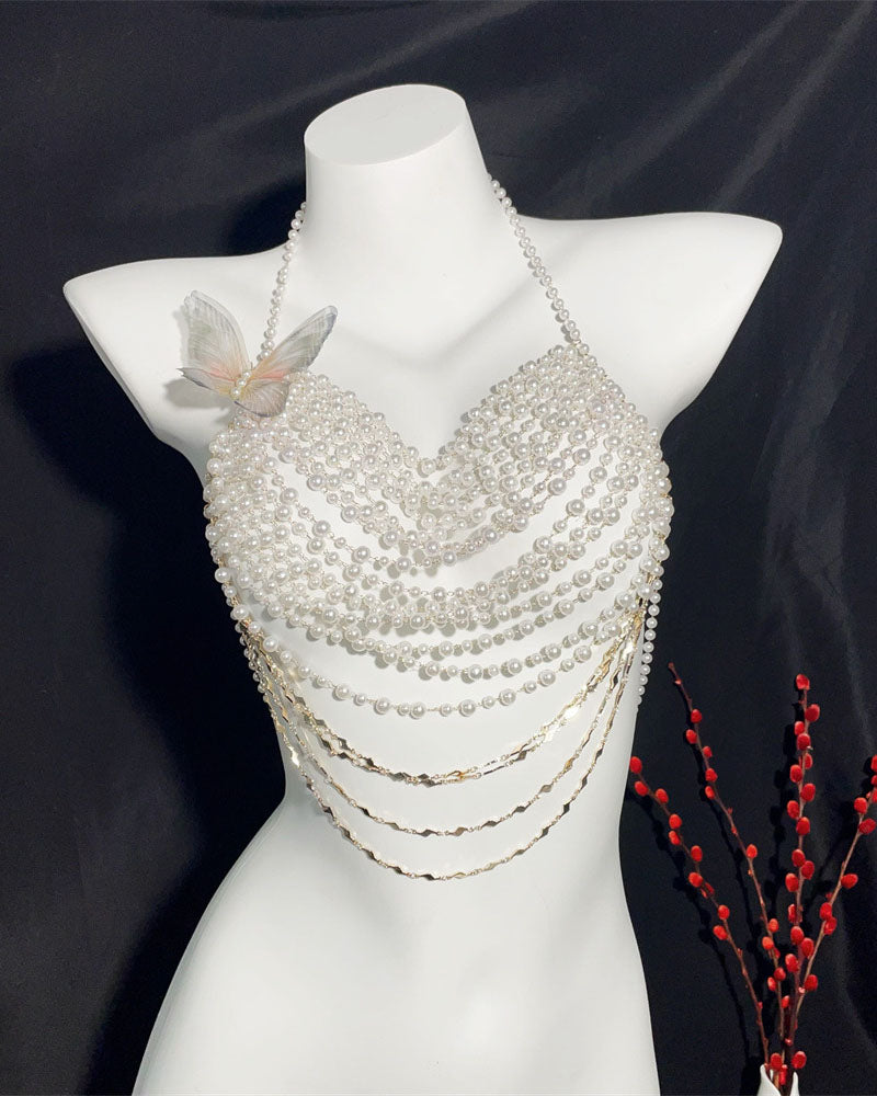 Pearl Butterfly Halter Top - Multi-Layer Pearl Body Jewelry Top