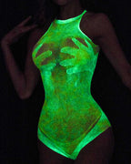Glow in the Dark Mesh Bodysuit - Luminous Cutout Sleeveless Bodycon