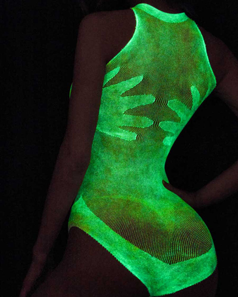 Glow in the Dark Mesh Bodysuit - Luminous Cutout Sleeveless Bodycon