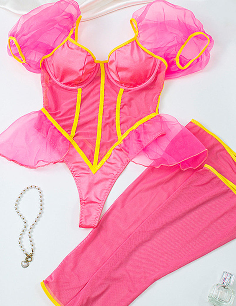 Sheer Mesh Ruffle Bodysuit with Thigh High Stockings
