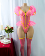 Sheer Mesh Ruffle Bodysuit with Thigh High Stockings
