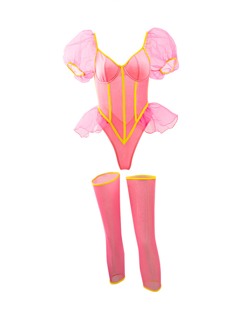 Sheer Mesh Ruffle Bodysuit with Thigh High Stockings