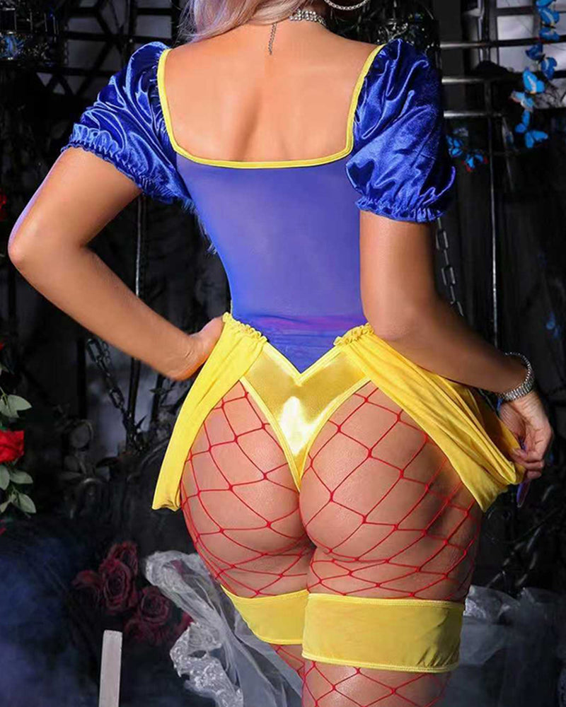 Cosplay Bodysuit Blue Satin Puff Sleeve Lingerie Set with Fishnet Stockings