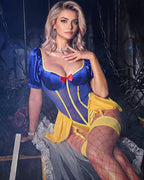 Cosplay Bodysuit Blue Satin Puff Sleeve Lingerie Set with Fishnet Stockings