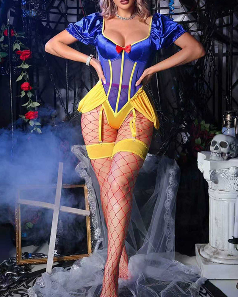 Cosplay Bodysuit Blue Satin Puff Sleeve Lingerie Set with Fishnet Stockings