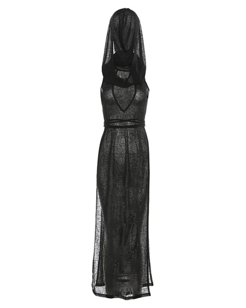 Sheer Hooded Maxi Dress Cutout Dress with High Slits
