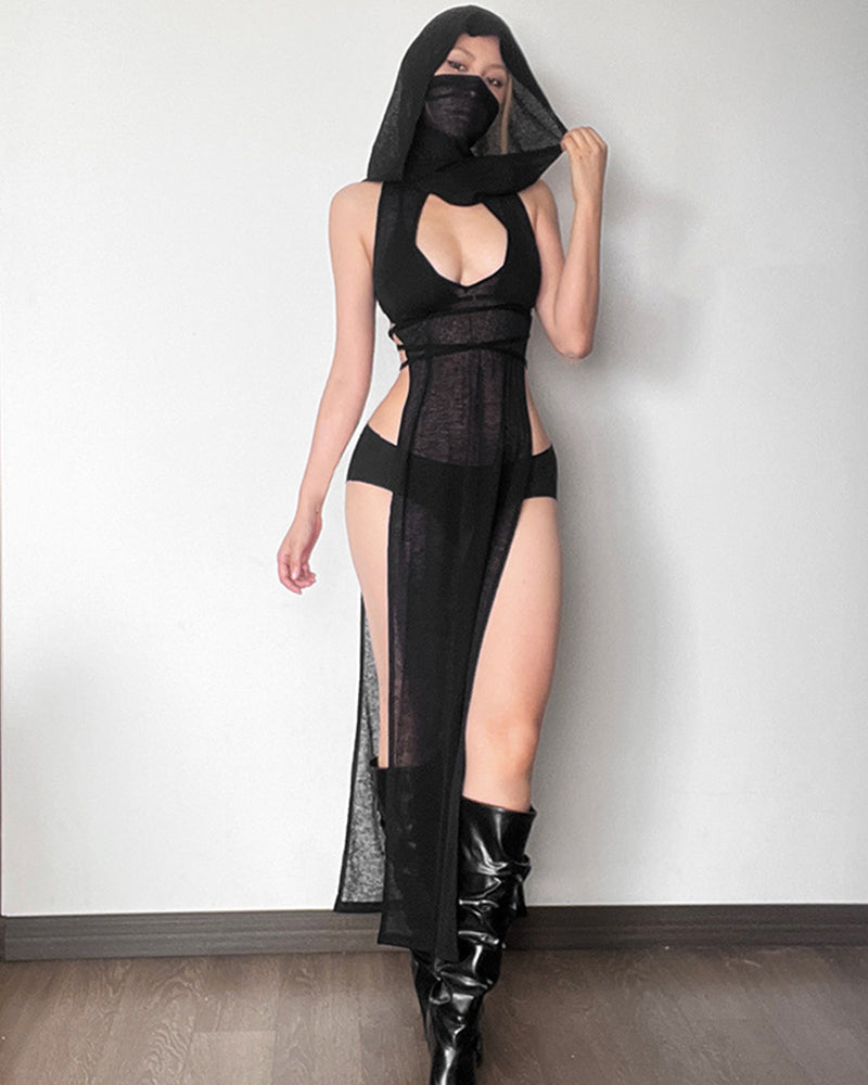 Sheer Hooded Maxi Dress Cutout Dress with High Slits