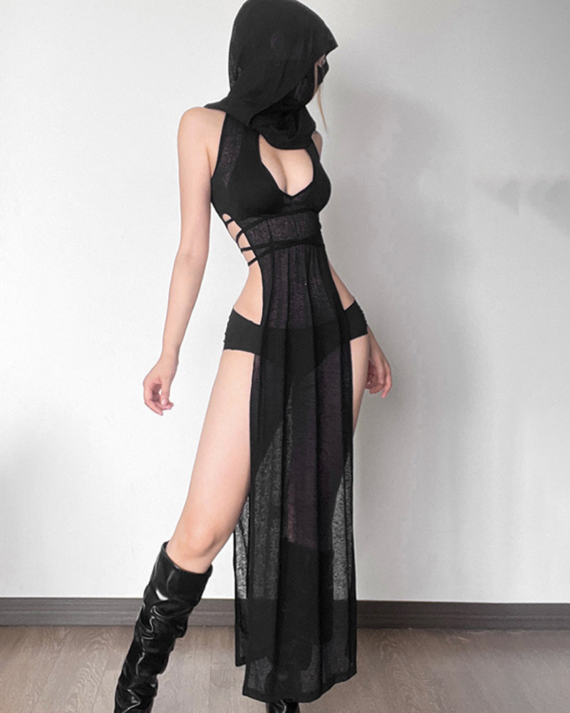 Sheer Hooded Maxi Dress Cutout Dress with High Slits