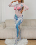 Crotchless Mermaid Bodysuit - Sheer Long Sleeve Mermaid Costume
