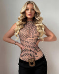 Song Lyric Print Mesh Top - Sheer See-Through Halter Top with Text Print