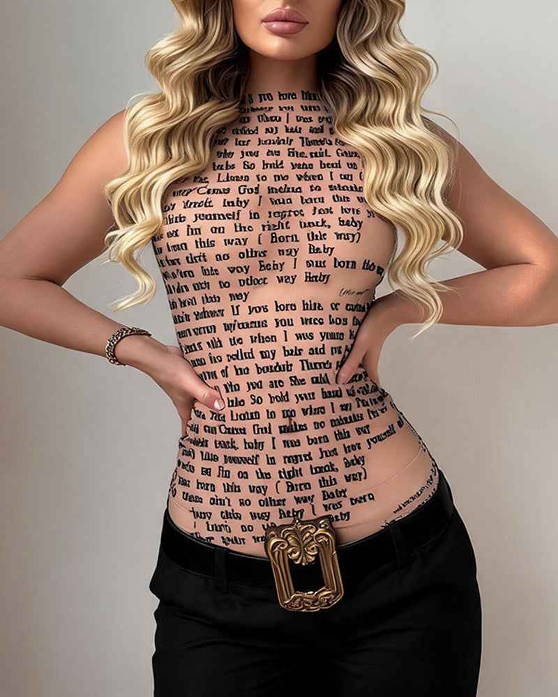 Song Lyric Print Mesh Top - Sheer See-Through Halter Top with Text Print