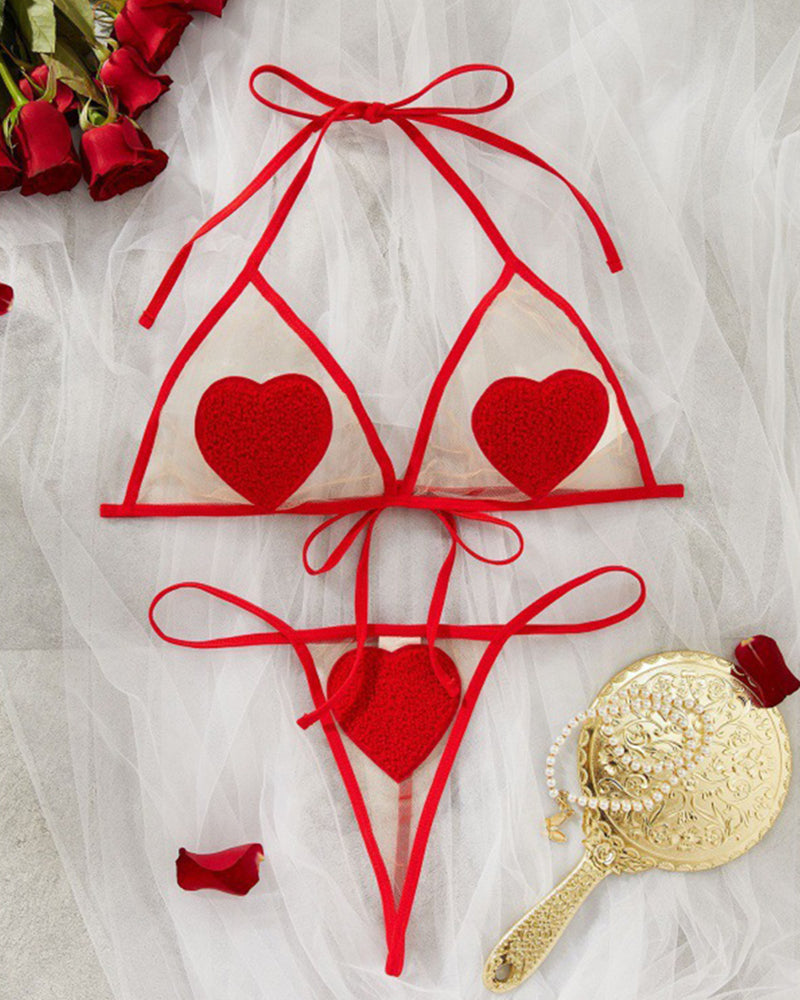 Sheer Heart Appliqu¨¦ Bra and Thong Set