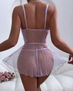 Floral Lace Dot Mesh Open-Front Babydoll with Thong