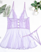 Floral Lace Dot Mesh Open-Front Babydoll with Thong