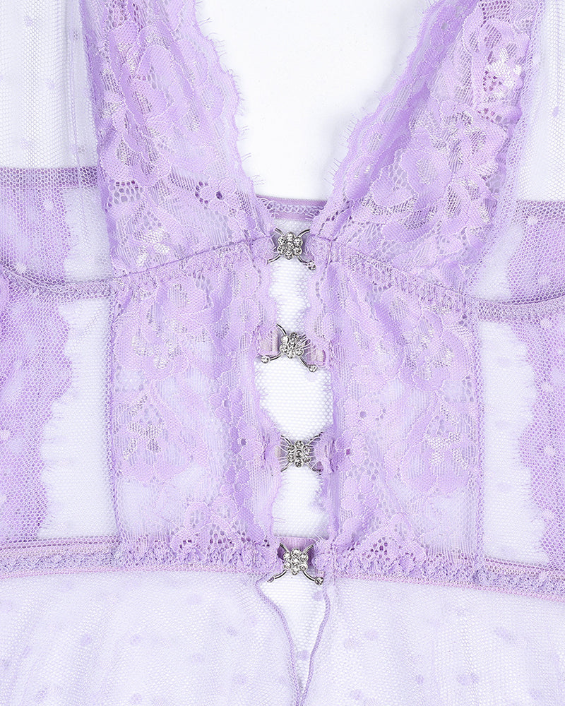 Floral Lace Dot Mesh Open-Front Babydoll with Thong