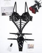 PVC Patent Lace-Up Corset Bodysuit