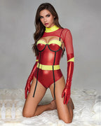 Metallic PVC Mesh Long-Sleeve Bodysuit with Garter(Includes long gloves)