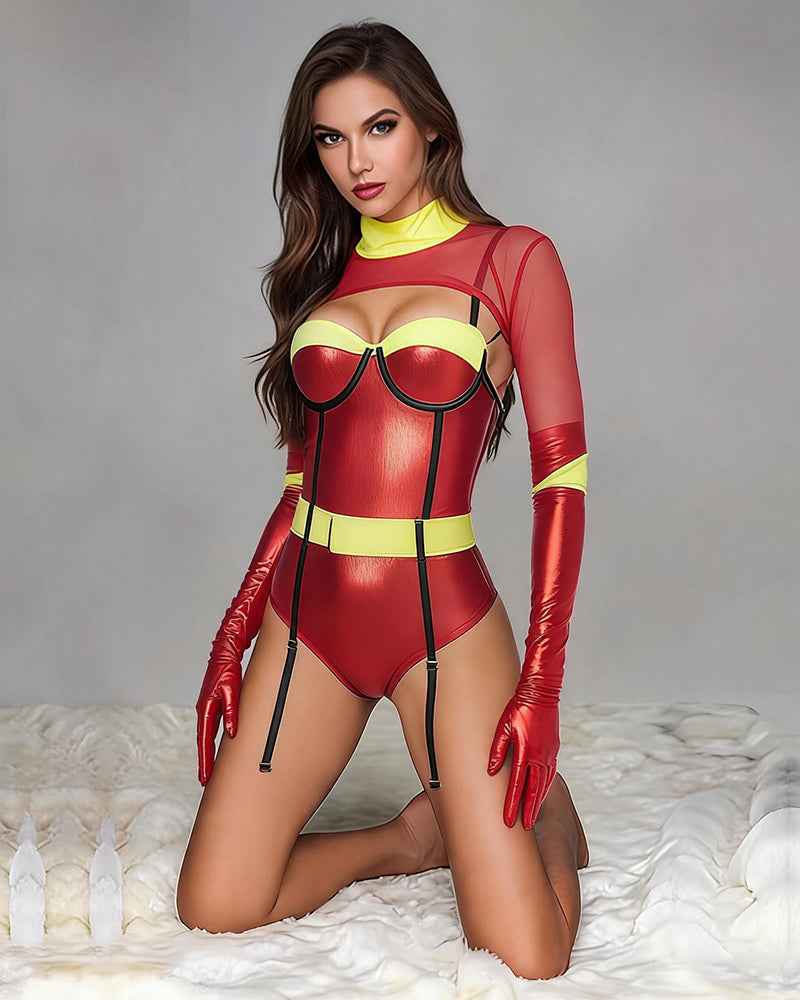 Metallic PVC Mesh Long-Sleeve Bodysuit with Garter(Includes long gloves)