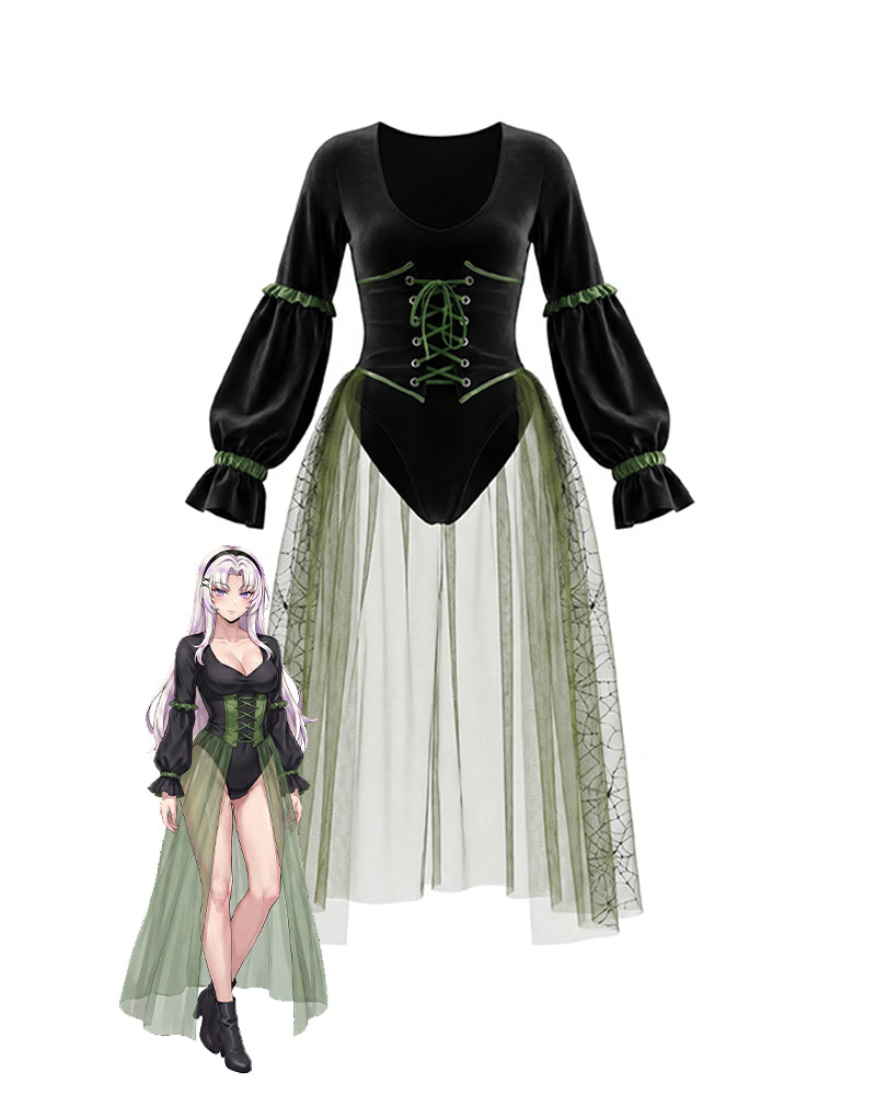 Velvet Lace-Up Corset Long-Sleeve Bodysuit  with Tulle Skirt