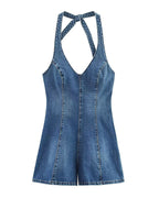 Sexy Denim Patchwork Halter Romper Bodysuit