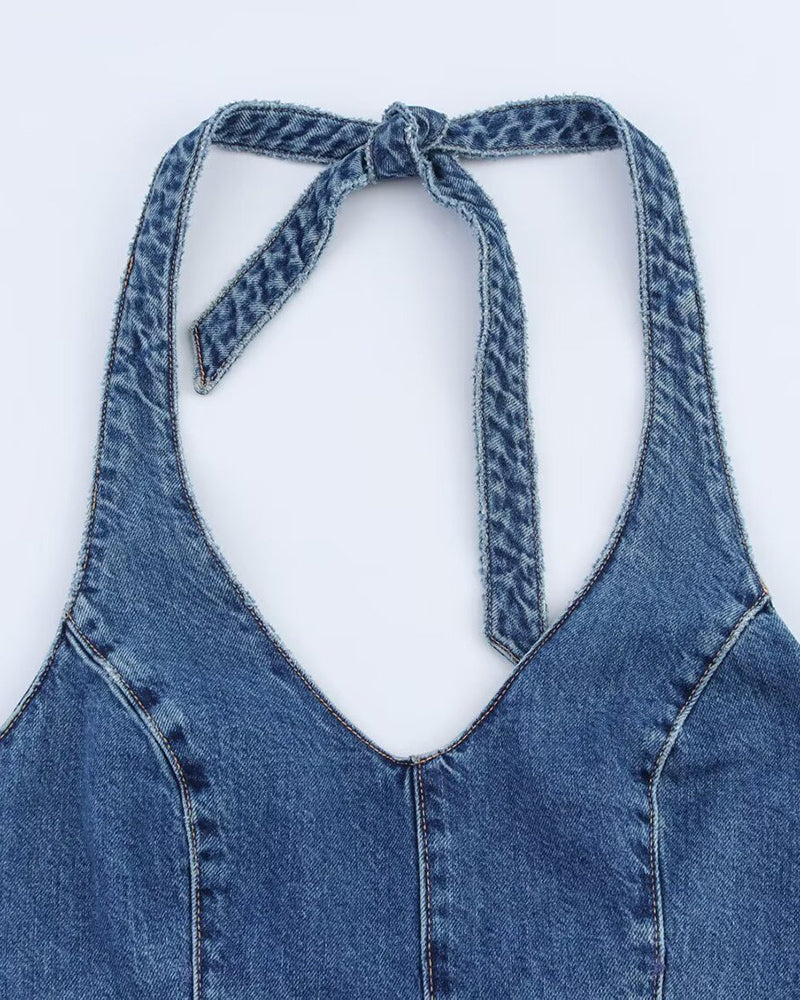 Sexy Denim Patchwork Halter Romper Bodysuit