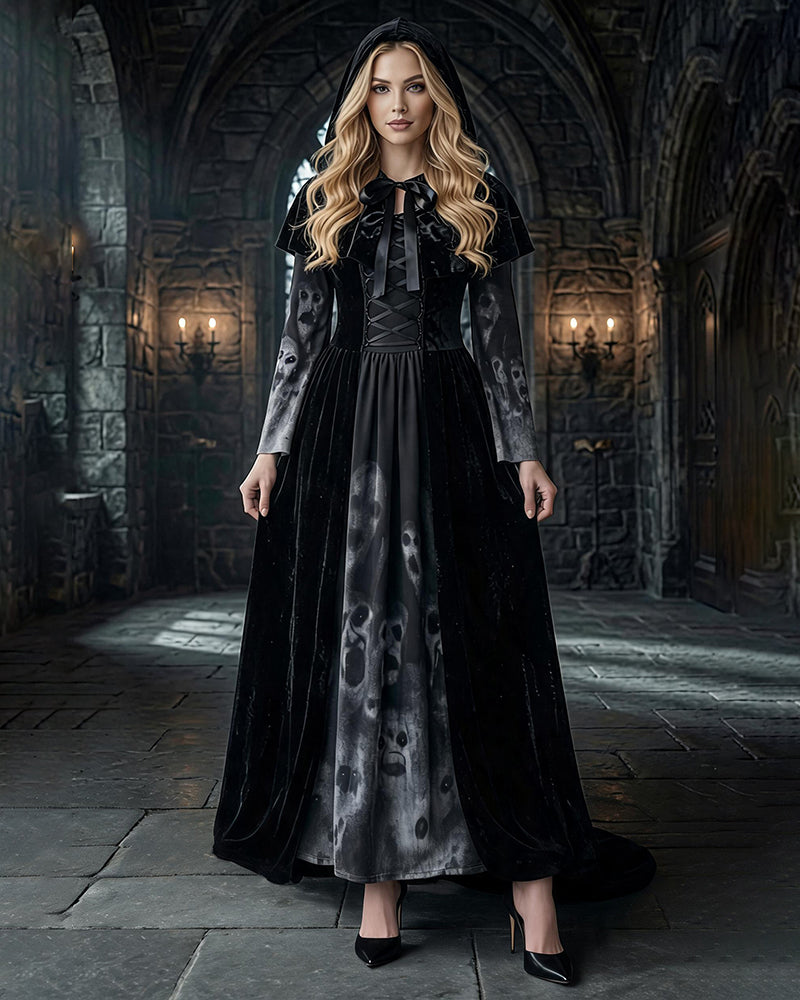 Gothic Witch Long Sleeve Maxi Dress with Cape and Tie Belt 3-Piece Set