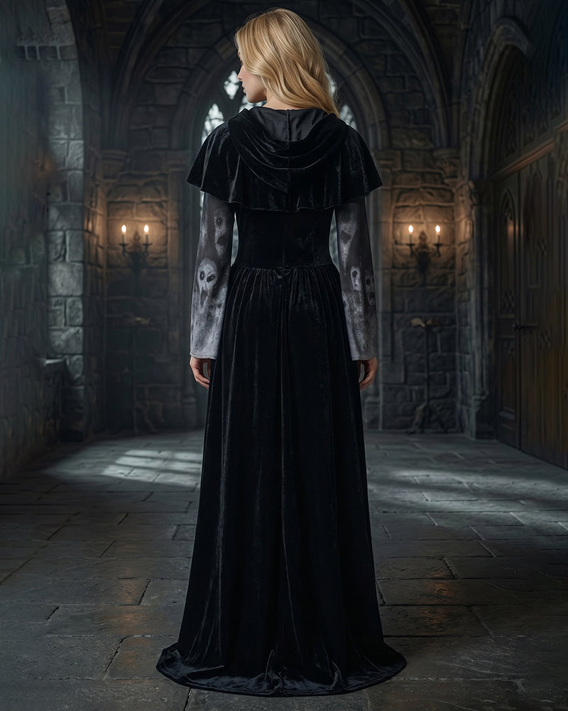 Gothic Witch Long Sleeve Maxi Dress with Cape and Tie Belt 3-Piece Set